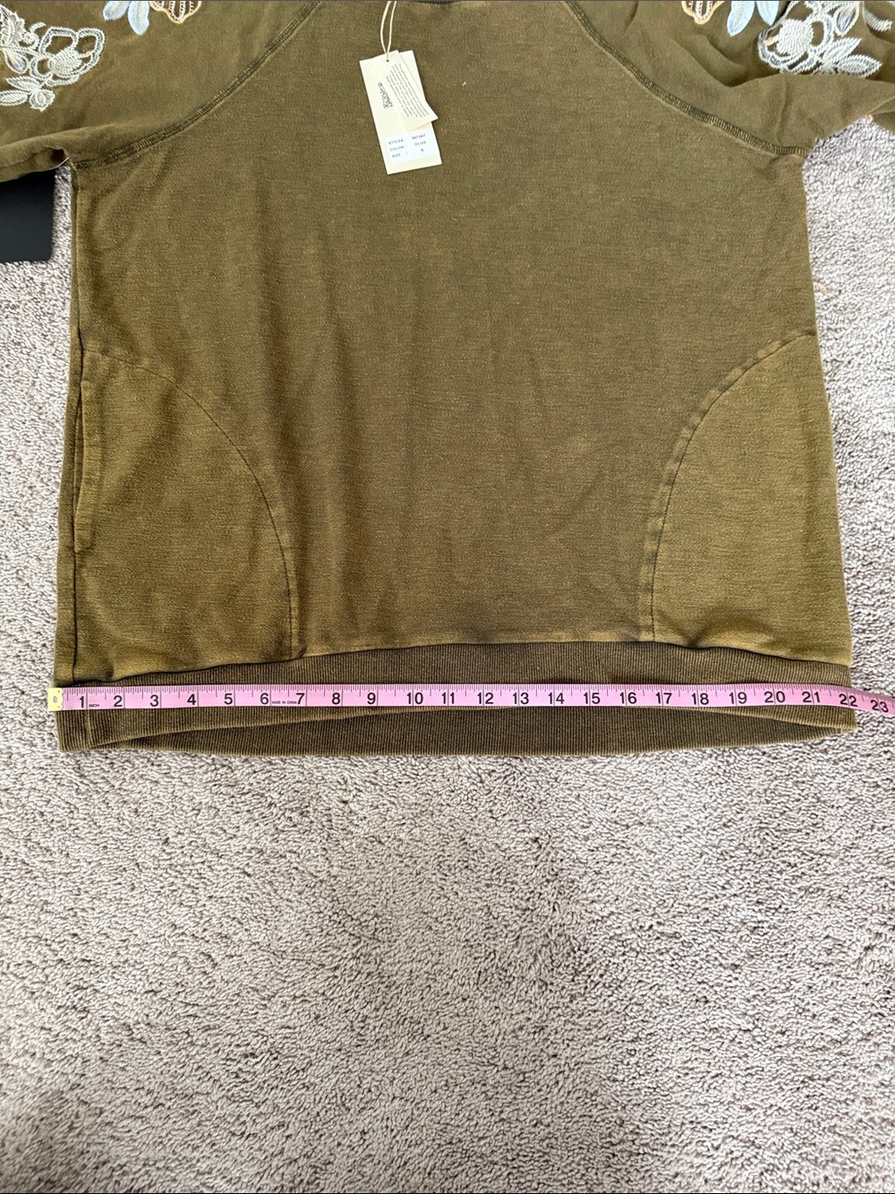 Blue Velvet Brand Mineral Washed Olive Embroidered Floral Sleeve Sweatshirt - Picture 13 of 15